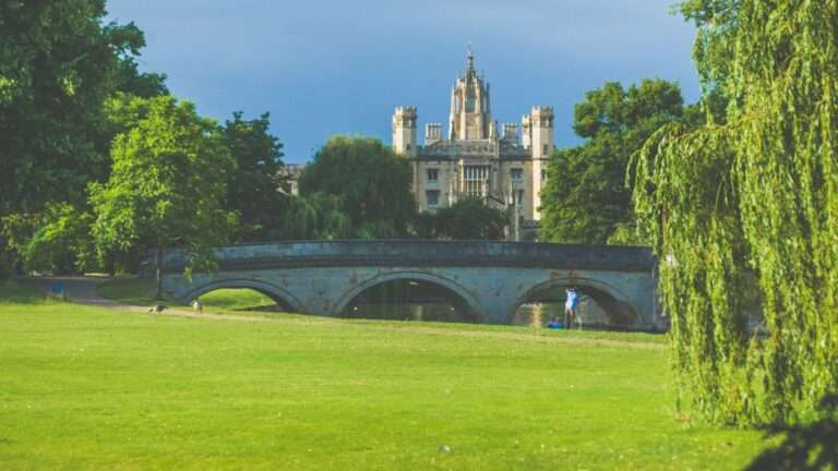 Photo of a Cambridge college seen in the distance behind a bridge over the Cam, taken in a park