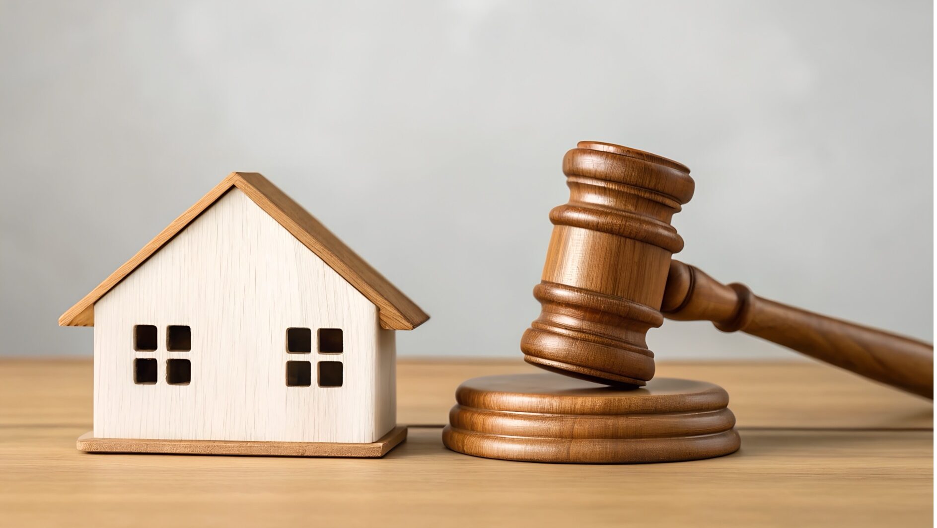 A hammer and gavel on a wooden table next to a small model of a house